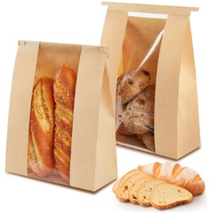 ohuimrt 100 pcs large paper bread bags for sourdough bread, 13.7 x 8.2 x 3.5 inches bakery bags with window, homemade bread loaf bags with tin tie tab lock and seal stickers