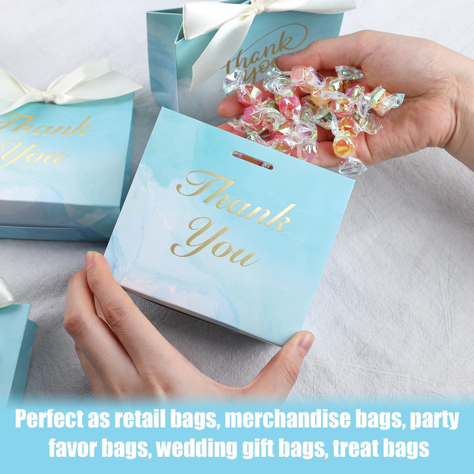 VGOODALL 24PCS Small Thank You Gift Bags, Mini Party Favor Bags Light Blue Candy Bags Treat Boxes Paper Gift Bags with Bow Ribbon for Wedding Bridal Baby Shower Birthday Party