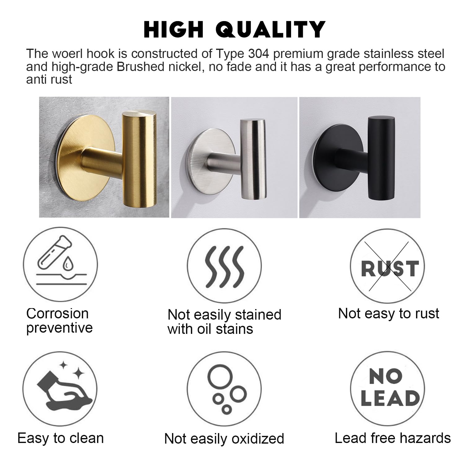 DERIQ Adhesive Hooks SUS304 Stainless Steel Towel Hooks Heavy Duty Waterproof Wall Hooks Self Adhesive Coat Robe Towel Hooks for Bathrooms Kitchen Hotel Wall Mounted Hooks - 2 Pack Gold