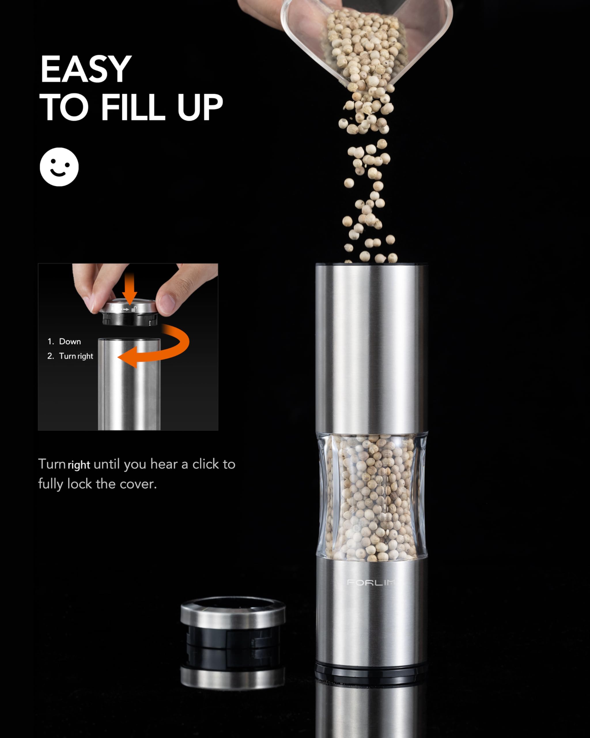 FORLIM Salt and Pepper Grinder Set with Dust Cover, Manual Pepper Mill with Adjustable Coarseness, Brushed Stainless Steel, Ceramic grinding core, 4.7oz Large Capacity, Spice Grinder (Set/Silver)