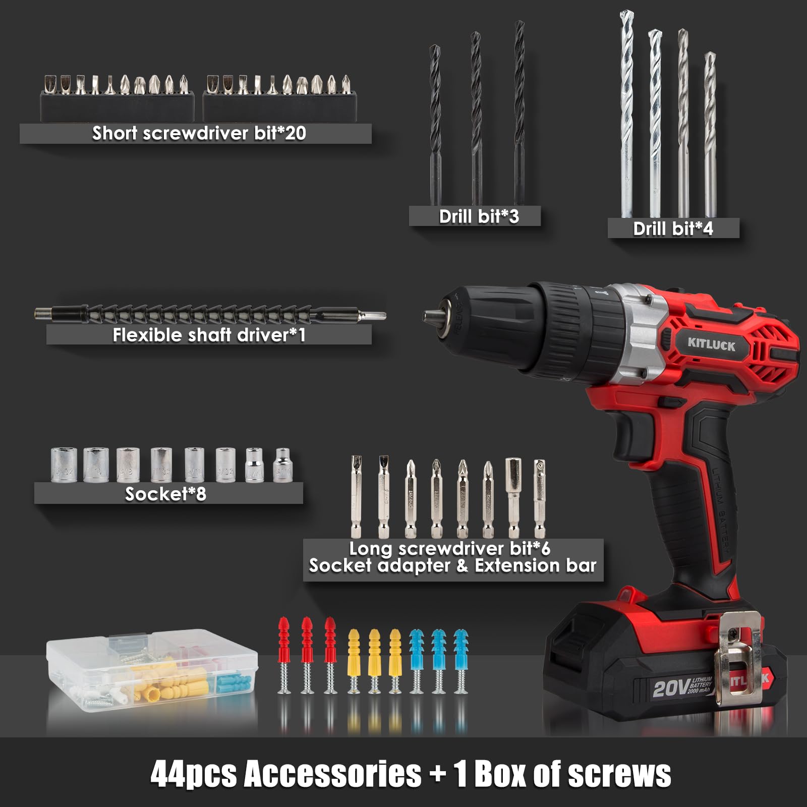 Cordless Drill Set, 20V Power Drill Kit with 2 X 2.0AH Battery, 44pcs Drill/Driver Bits, 1 Box Screws, Bubble Level, 3/8'' Chuck Electric Drill, 32NM, 21+3 Position, 2 Variable Speed