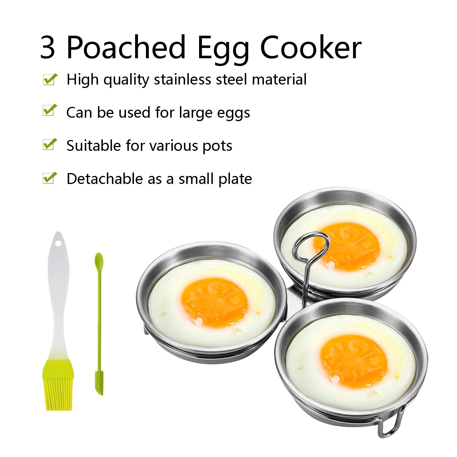 Stainless Steel Egg Poacher, 3 Poached Egg Cooker Cups Nonstick Poached Egg Pan Boiled Eggs Maker Egg Poacher Pan Cups Round Poached Egg Pan with Oil Brush and Spoon for Breakfast Boiled eggs