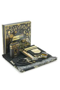 ihvan online prayer gift set for men & women, muslim prayer rug, prayer mat, beads taasbih, velvet covered yaseen, muslim kufi hat, miswak, islamic gift set for ramadan & eid, black