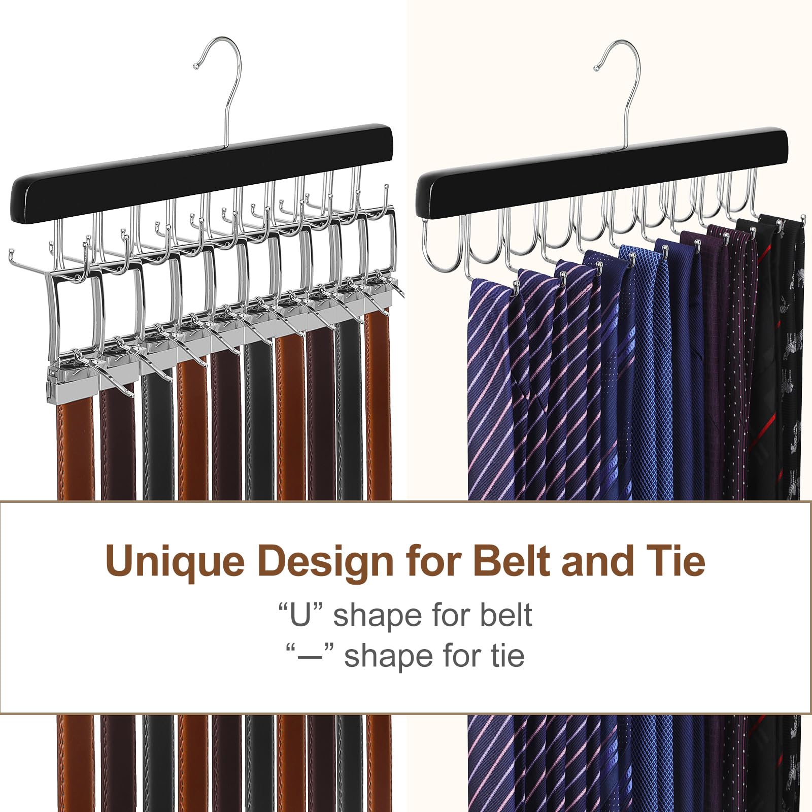 TOPIA HANGER 2 in 1 Belt Tie Hanger for Closet Max 30 Belts with 30 Ties Capacity, 20 Hooks Belt Tie Racks Wooden Hanger for Closet Organizer Storage “U” Fit for Belt and “一” Fit for Tie - CT47B