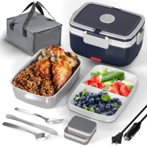 sitlais electric heated lunch box for men, 2 liters 90 w double layer portable food warmer for car truck self heating lunch box for work food heater for adults travel camping lonchera,dark blue