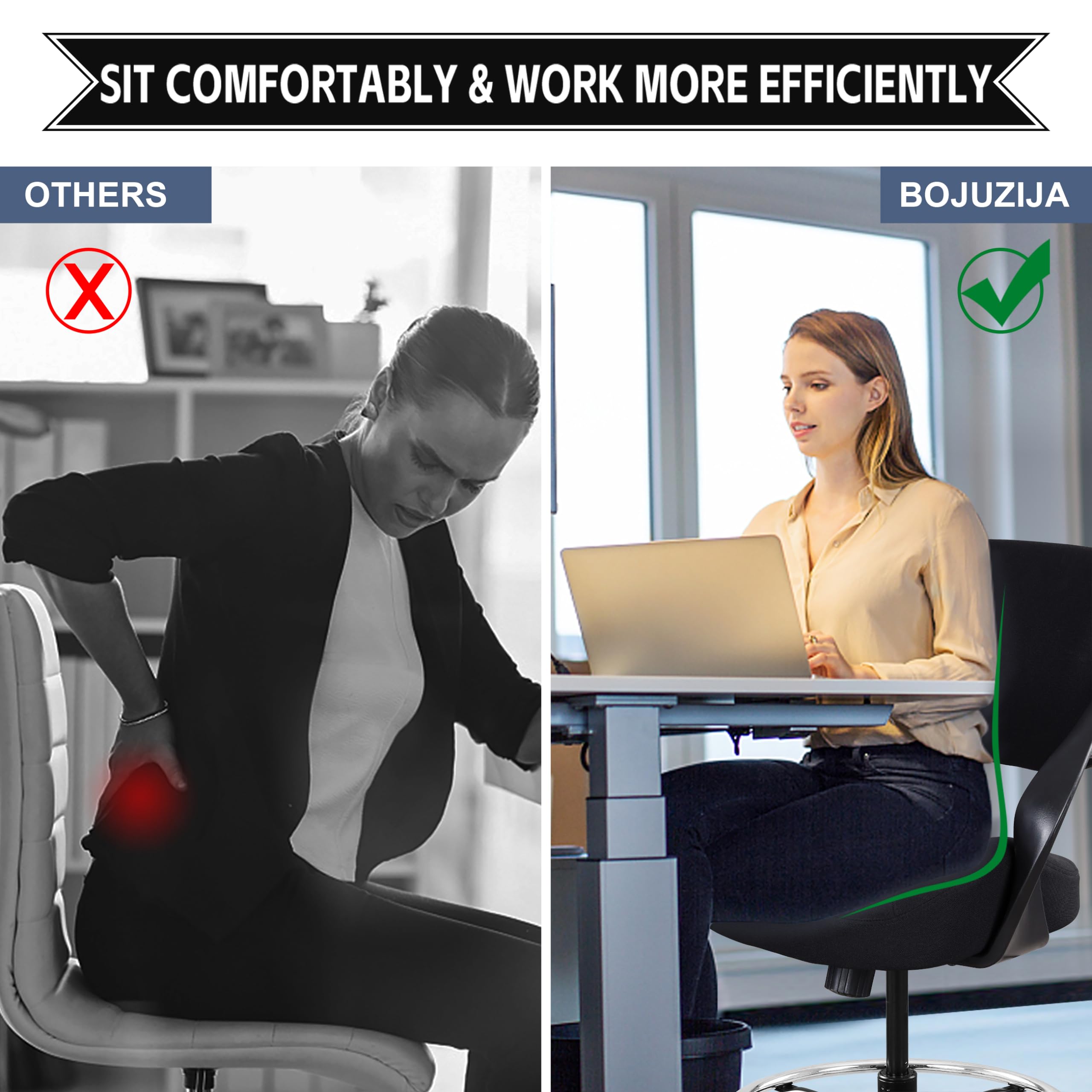 BOJUZIJA Ergonomic Drafting Chair,Standing Computer Desk Chair,Foot Ring,Lumbar Support,Swivel Task Chair-Black