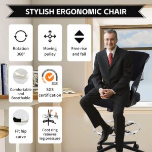 BOJUZIJA Ergonomic Drafting Chair,Standing Computer Desk Chair,Foot Ring,Lumbar Support,Swivel Task Chair-Black