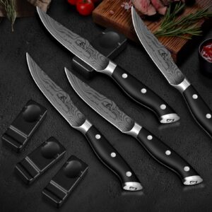 CoquusAid Steak Knives Set of 6, 4.8 Inch Non Serrated Razor-Sharp Durable Dinner knives with Rest, German Stainless Steel Damascus Pattern Full Tang Forged, Rust Resistant & Easy to Maintain