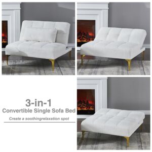 Convertible Single Sofa Bed Futon with Adjustable Backrest. Modern Teddy Fabric Leisure Multi-Functional Lounge Chair with Pillow and Gold Metal Legs for Small Living Room. Apartment or Studio (White)