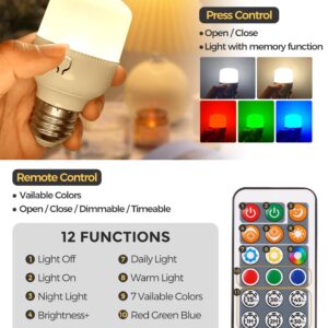 Fulighture 2 Pack Wireless Rechargeable Light Bulbs, E26 Battery Operated Light Bulb with Remote Control, Type-C Charging, RGB + Warm/Cool White, Perfect for Areas Without Hardwiring