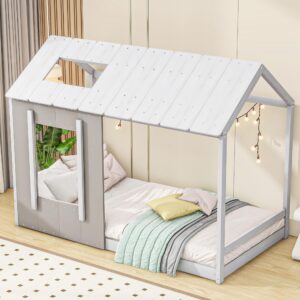 BestLM Twin Size Wood House Floor Bed, Twin Platform Bed Frame with Roof and Window, Twin Size Montessori Floor Bed for Kids, Teens, Boys, Girls, White+Antique Grey