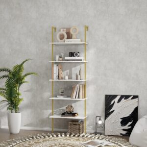 Panana Industrial 5 Tier Ladder Shelf, Open Space Book Shelf Wall Mount Bookshelf with Metal Frame Sturdy Bookcase for Living Room (White, 5 Tier)