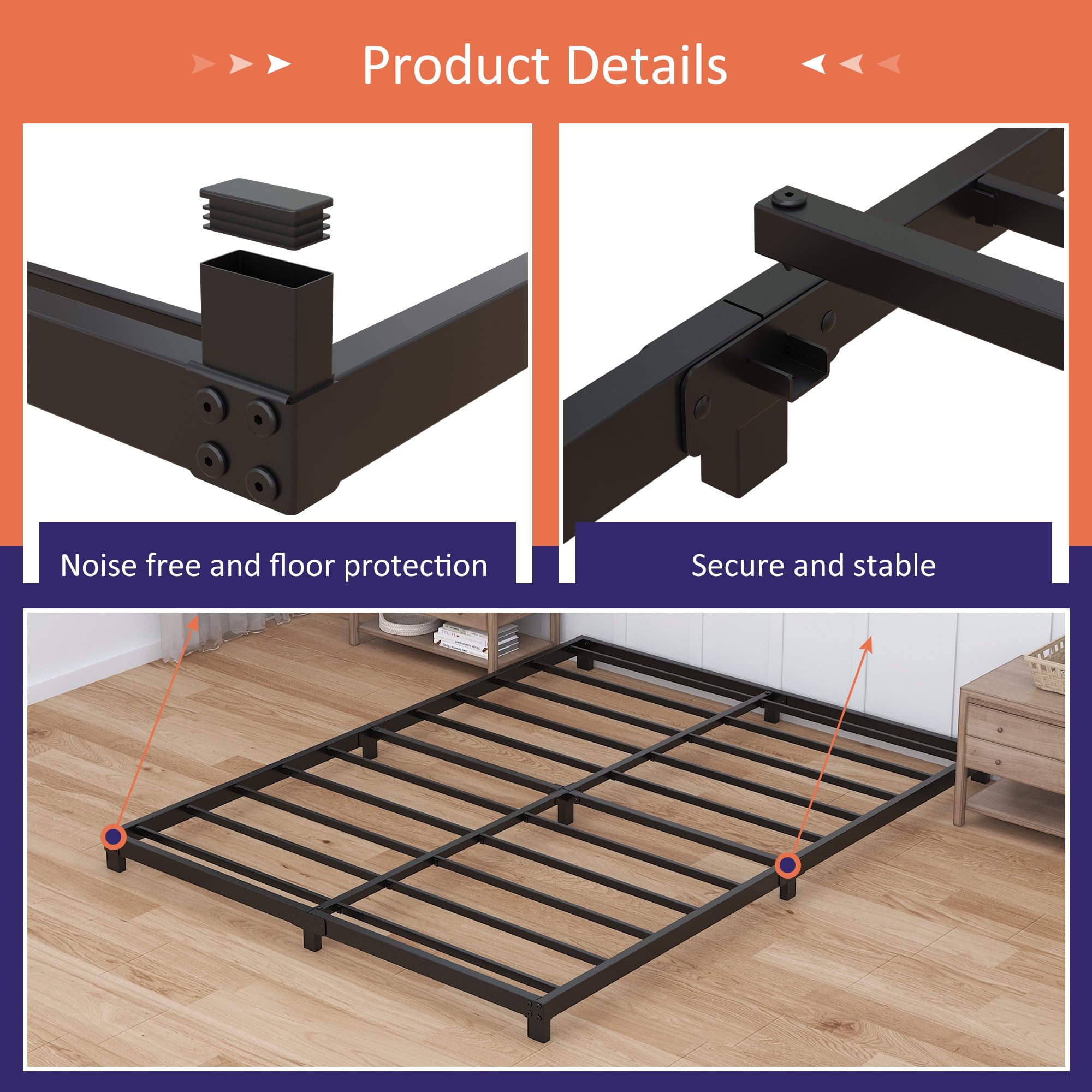 Nailsong 4 Inch Bed Frame Queen Size Low Profile, Queen Bed Frame No Box Spring Needed, Heavy Duty Metal, Easy Assembly, Black