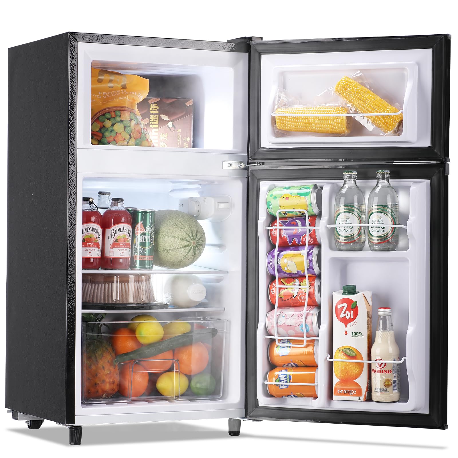 WANAI Mini Fridge with Freezer Two Doors Small Refrigerator with 7 Setting Adjustable Thermostat Crisper Drawer & Removable Shelves Extra Drink Space Low Noise Freezer-on-Top Refrigerator, Black