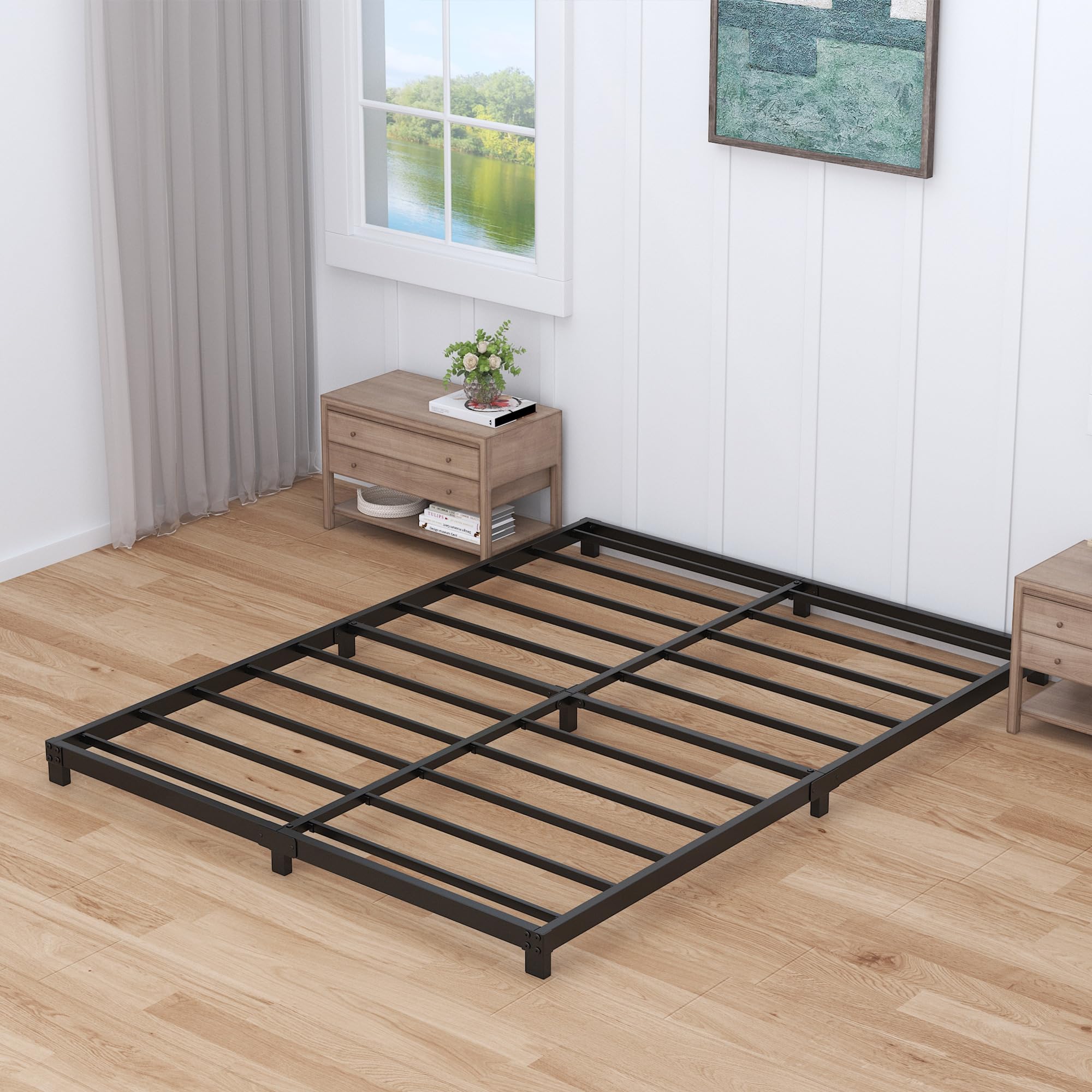 Nailsong 4 Inch Bed Frame Queen Size Low Profile, Queen Bed Frame No Box Spring Needed, Heavy Duty Metal, Easy Assembly, Black