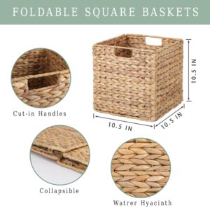 10.5x10.5 Water Hyacinth Storage Baskets, Wicker Baskets for Cube Storage, Collapsible Cube Storage Bins Wicker, Square Baskets for Cube Storage for Ikea Kallax, Basket Set of 3 (Water Hyacinth)