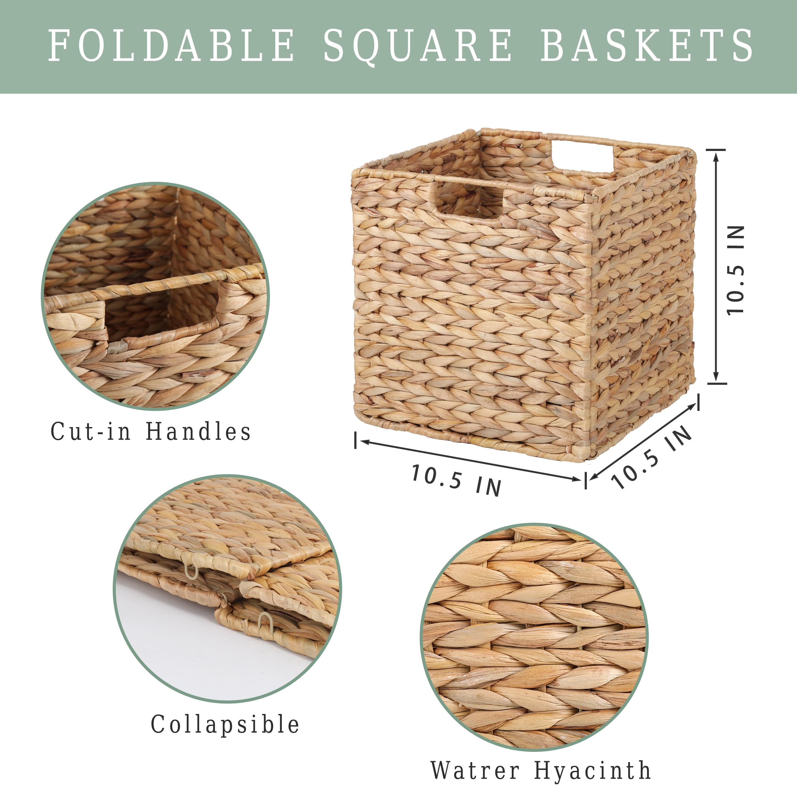 10.5x10.5 Water Hyacinth Storage Baskets, Wicker Baskets for Cube Storage, Collapsible Cube Storage Bins Wicker, Square Baskets for Cube Storage for Ikea Kallax, Basket Set of 3 (Water Hyacinth)