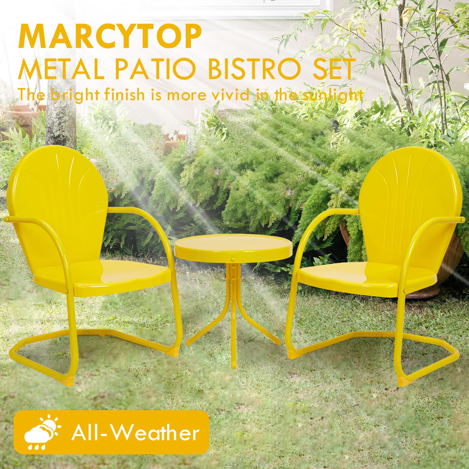 Marcytop Outdoor Bistro Set, 3 Pieces Retro Metal Porch Furniture Set, All-Weather Patio Bistro Set, 2 C-Spring Metal Chairs and Round Side Table for Porch, Garden, Lawn and Balcony, Yellow