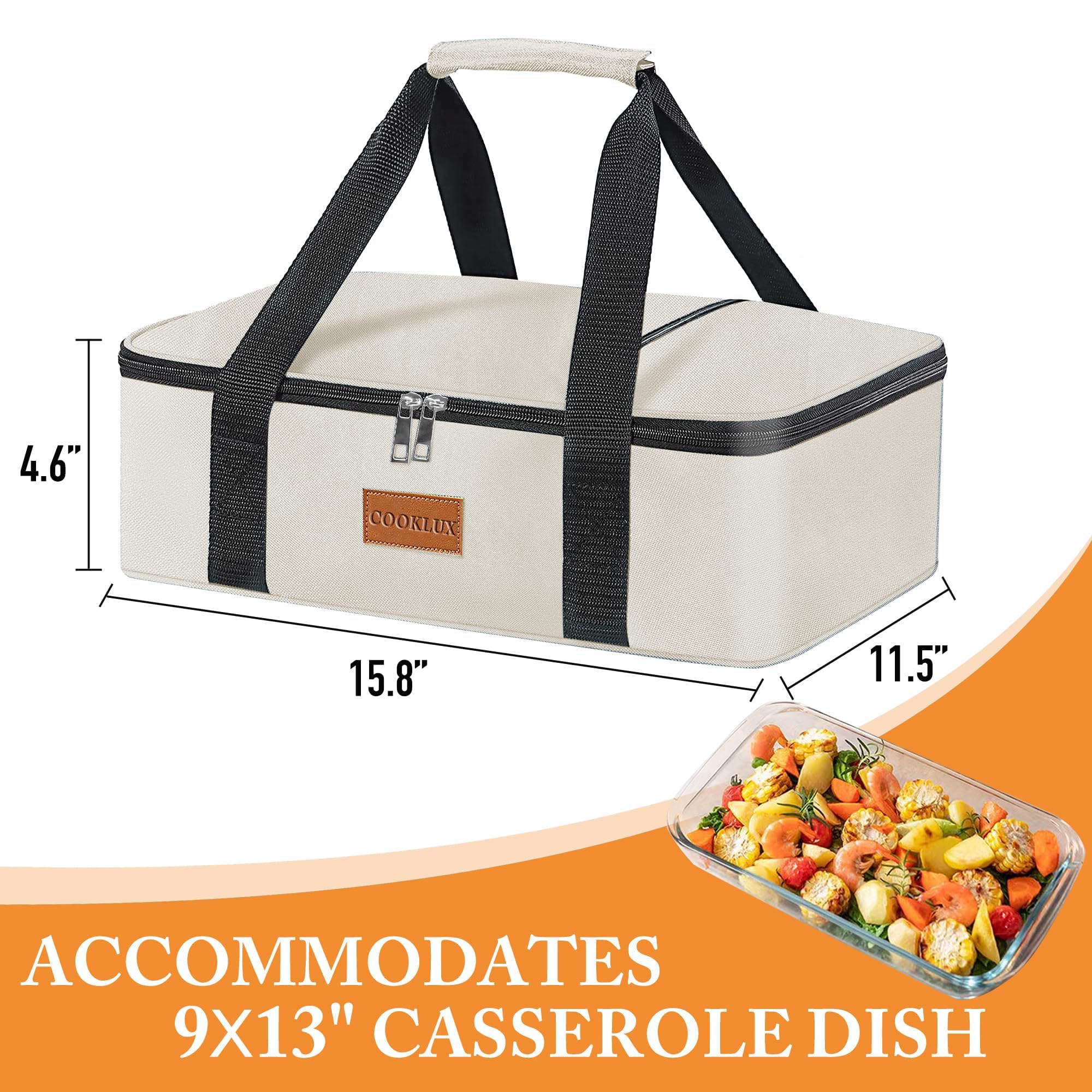 Insulated Casserole Carrier Fits 9"X13" Dish, Insulated Casserole Carry Bag for Hot or Cold Food, for Travel/Picnic/Party, Beige Single Layer, Durable Nylon with Zip Pockets, Leak-Proof