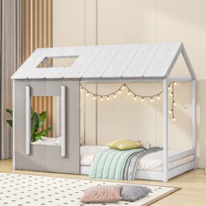 bestlm twin size wood house floor bed, twin platform bed frame with roof and window, twin size montessori floor bed for kids, teens, boys, girls, white+antique grey