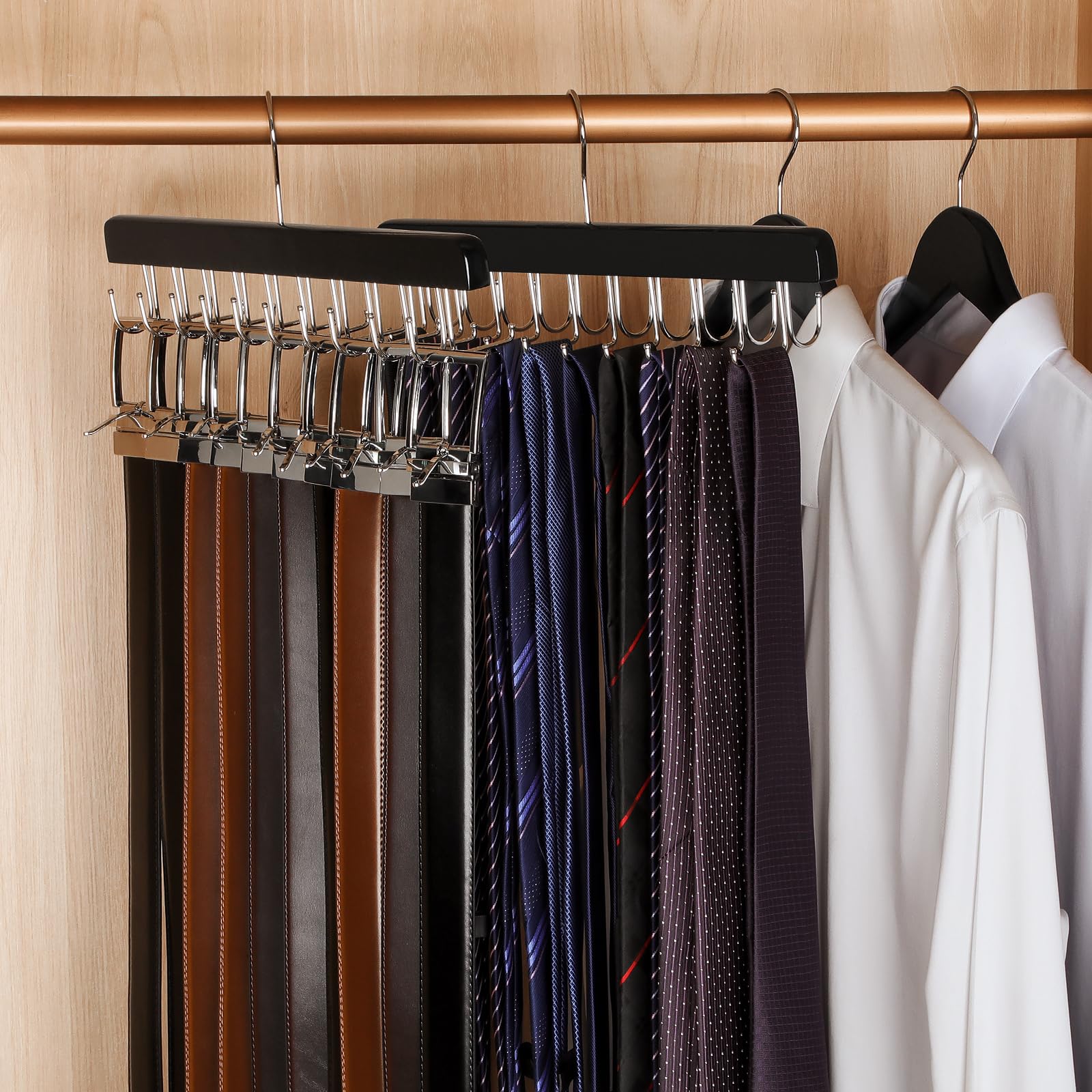 TOPIA HANGER 2 in 1 Belt Tie Hanger for Closet Max 30 Belts with 30 Ties Capacity, 20 Hooks Belt Tie Racks Wooden Hanger for Closet Organizer Storage “U” Fit for Belt and “一” Fit for Tie - CT47B