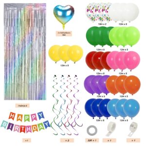 RUBFAC Rainbow Birthday Decorations, Colorful Balloon Garland Arch Kit, Happy Birthday Banner, Shiny Silver Fringe Curtain, Heart Foil Balloons, Hanging Swirls, Baby Shower Birthday Party Supplies