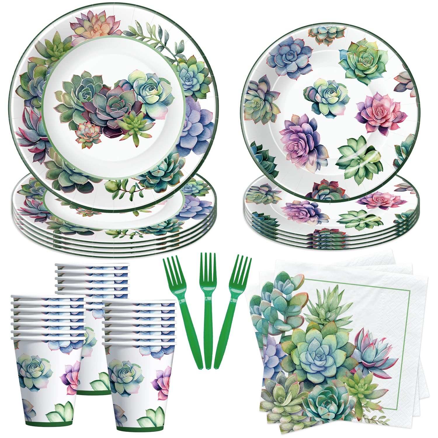 Xigejob Succulent Party Decorations Tableware - Succulent Baby Shower Decorations Dinnerware, Plate, Cup, Napkin, Fork, Cactus Succulent Party Supplies For Birthday Bridal Shower Wedding | Serve 24