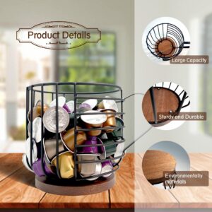 CAMATET Coffee Pod Holders, Black Wire Storage Basket with Wooden Base for Storing K Cups, Espresso Capsules, Coffee Creamer, Keurig Kcup Pods Organizer, Coffee Bar Accessories (With Handles)