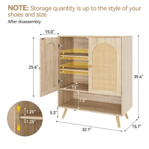 IDEALHOUSE Rattan Shoe Cabinet with Doors, 4-Tier Shoe Storage Cabinet for Entryway, Shoe Rack Organizer Cabinet with Woven Rattan Doors and Adjustable Shelves for Entryway, Hallway, Living Room