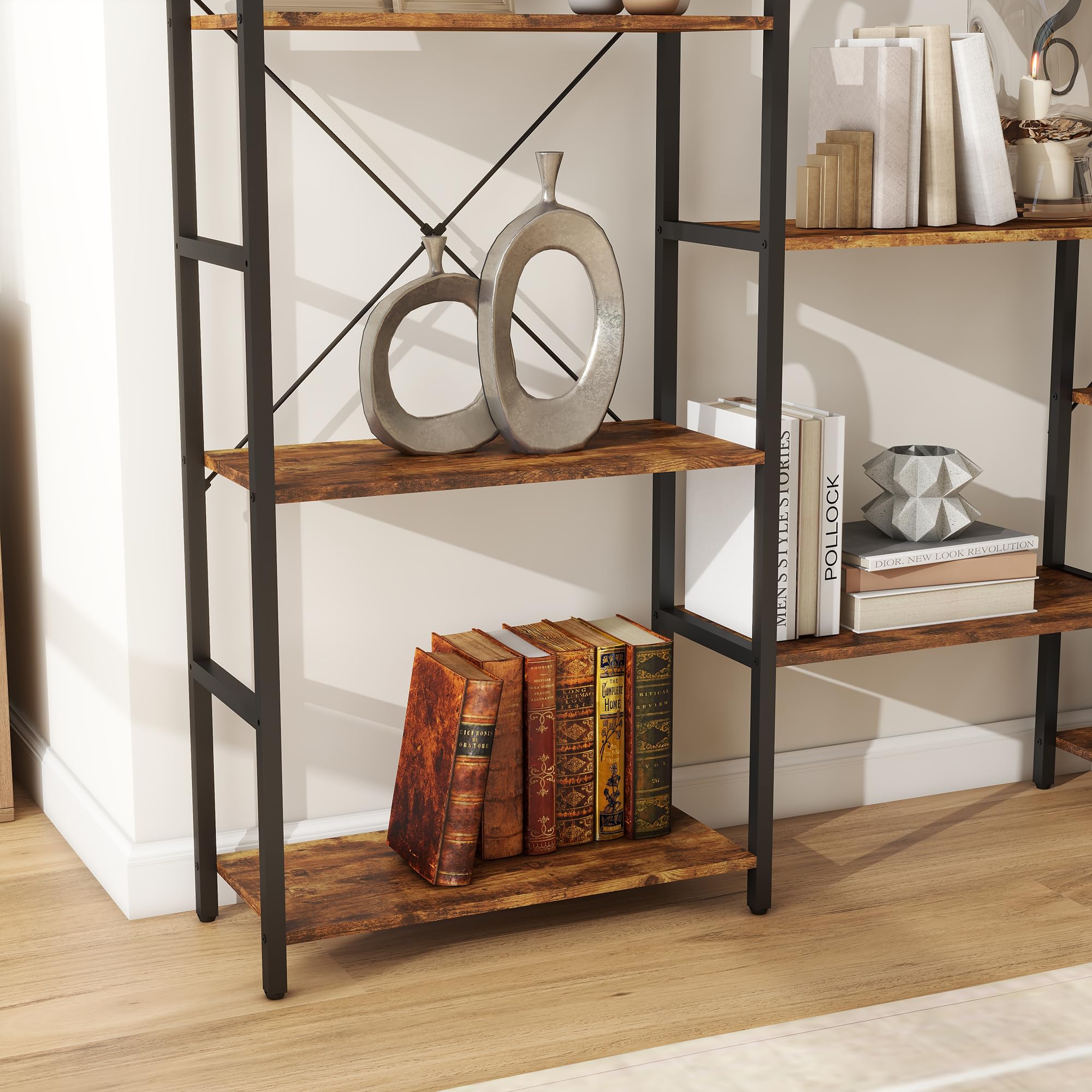 Panana Triple 4 Tier Bookshelf, Industrial Bookcase with 11 Open Display Shelves Wide Book Shelf Book Case with Metal Frame for Living Room Home Office (Brown)