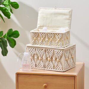 VinneGenzz Boho Macrame Storage Basket with Lid Organza Gift Bags Decorative Wood Beads Bohemian Jewelry Box Bin Handmade Woven Natural Cotton Desk Makeup Organizer Shelf Container (Small Size)