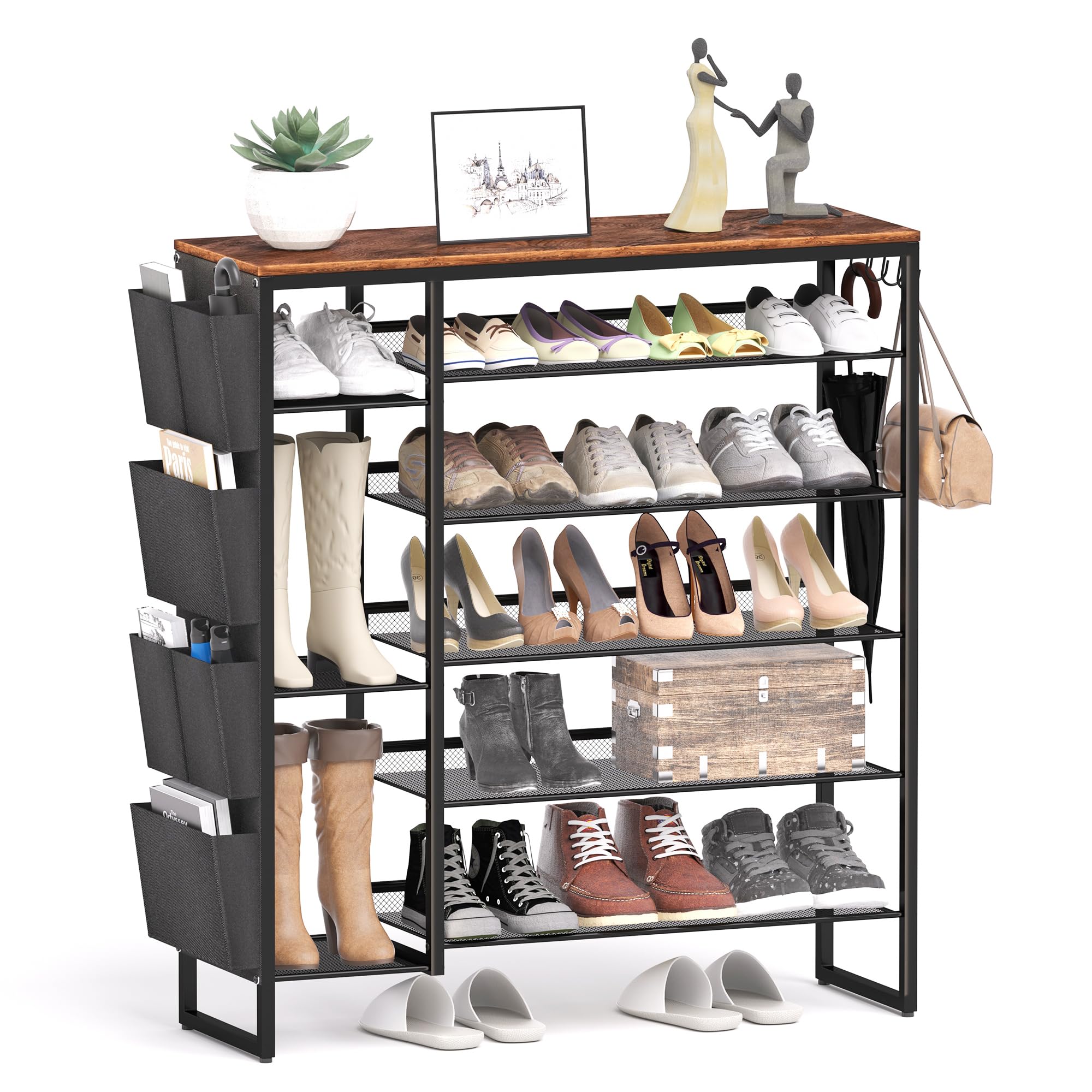 Prrsstein Shoe Rack-6 Tier Shoe Organizer,Shoes Rack for Entryway&Front Door Entrance,Free Standing Shoe Storage Cabinet Made by Wood&Metal.Equip Multi-Functional Felt Storage Bag