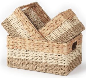 chi an home wicker storage baskets, set of 3 water hyacinth storage baskets for organizing, storage bins container for shelves, woven pantry baskets, 3-pack, natural, built-in carry handles