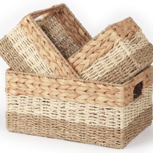 CHI AN HOME Wicker Storage Baskets, Set of 3 Water Hyacinth Storage Baskets For Organizing, Storage Bins Container for Shelves, Woven Pantry Baskets, 3-Pack, Natural, Built-in Carry Handles