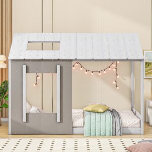 BestLM Twin Size Wood House Floor Bed, Twin Platform Bed Frame with Roof and Window, Twin Size Montessori Floor Bed for Kids, Teens, Boys, Girls, White+Antique Grey