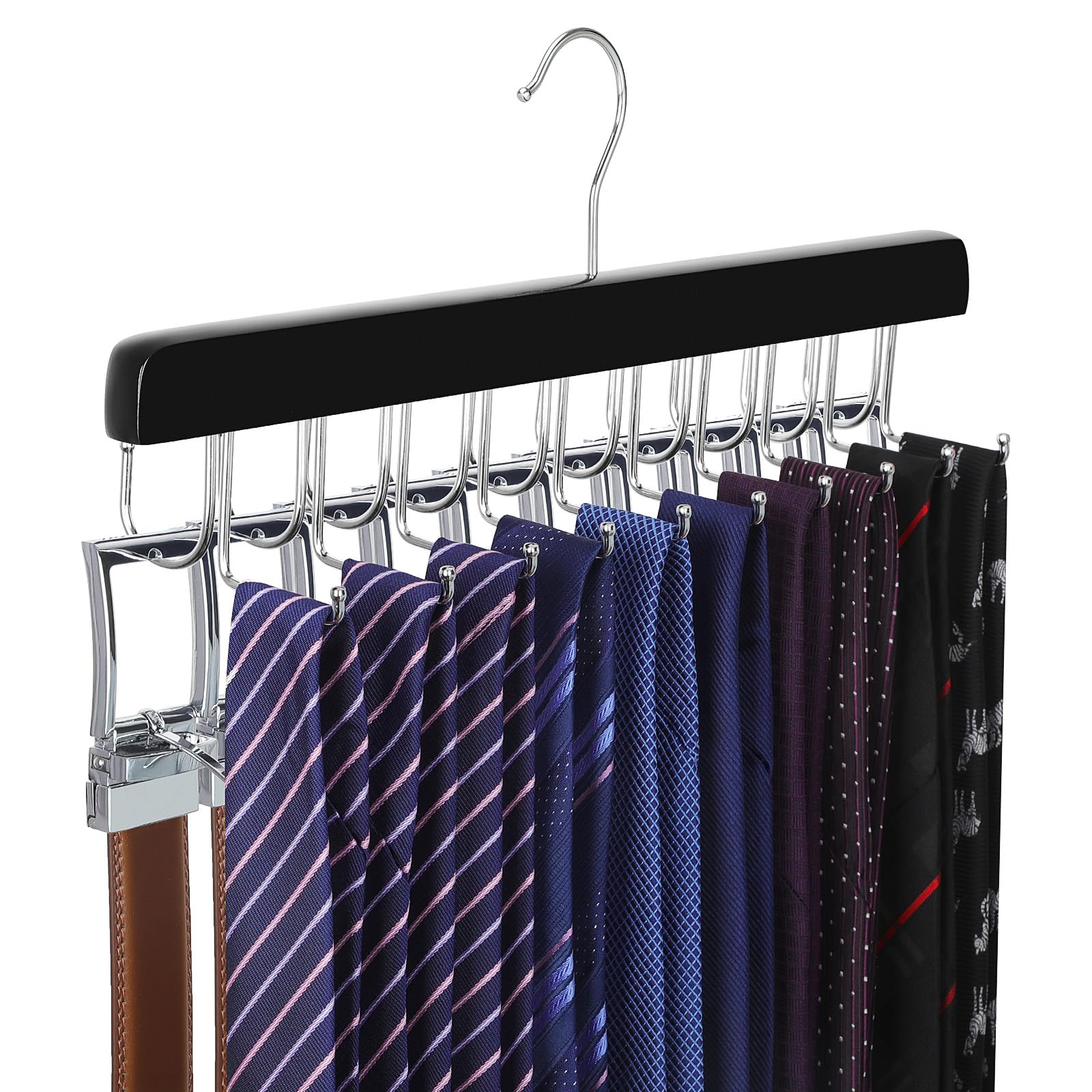 TOPIA HANGER 2 in 1 Belt Tie Hanger for Closet Max 30 Belts with 30 Ties Capacity, 20 Hooks Belt Tie Racks Wooden Hanger for Closet Organizer Storage “U” Fit for Belt and “一” Fit for Tie - CT47B