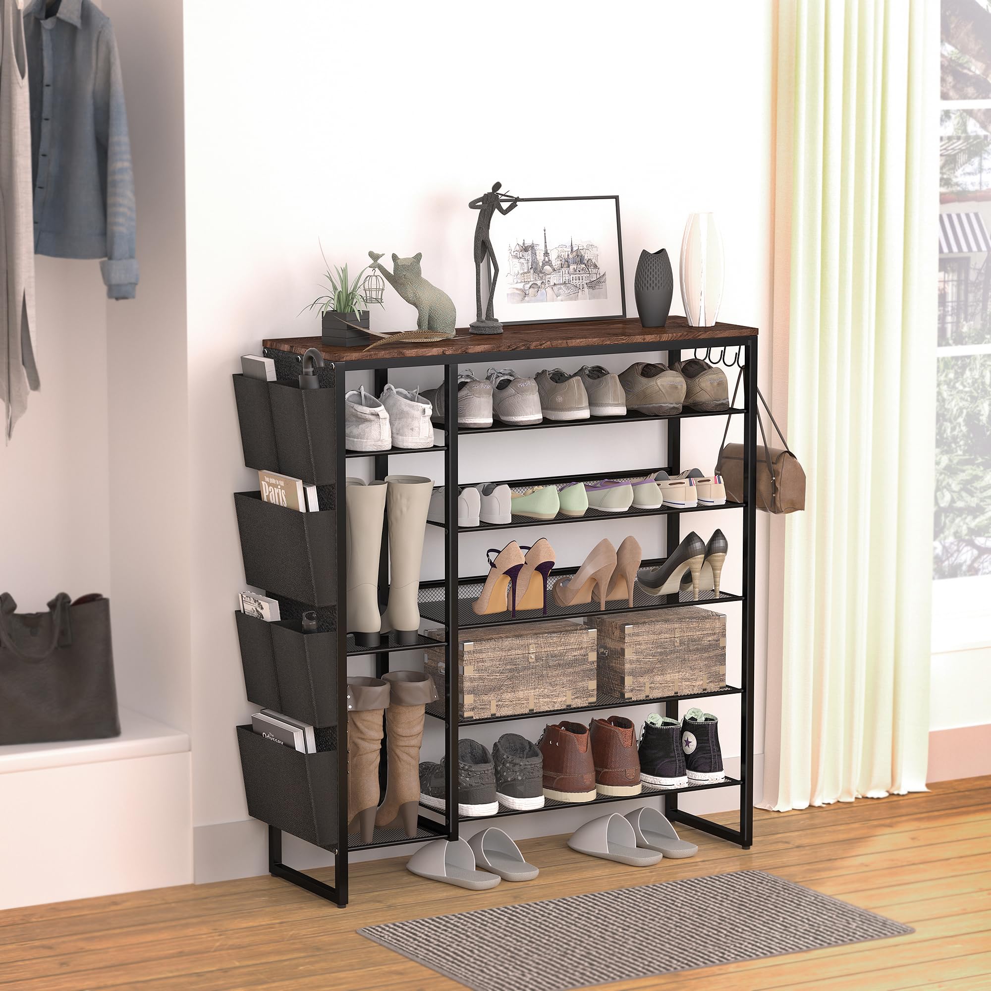 Prrsstein Shoe Rack-6 Tier Shoe Organizer,Shoes Rack for Entryway&Front Door Entrance,Free Standing Shoe Storage Cabinet Made by Wood&Metal.Equip Multi-Functional Felt Storage Bag