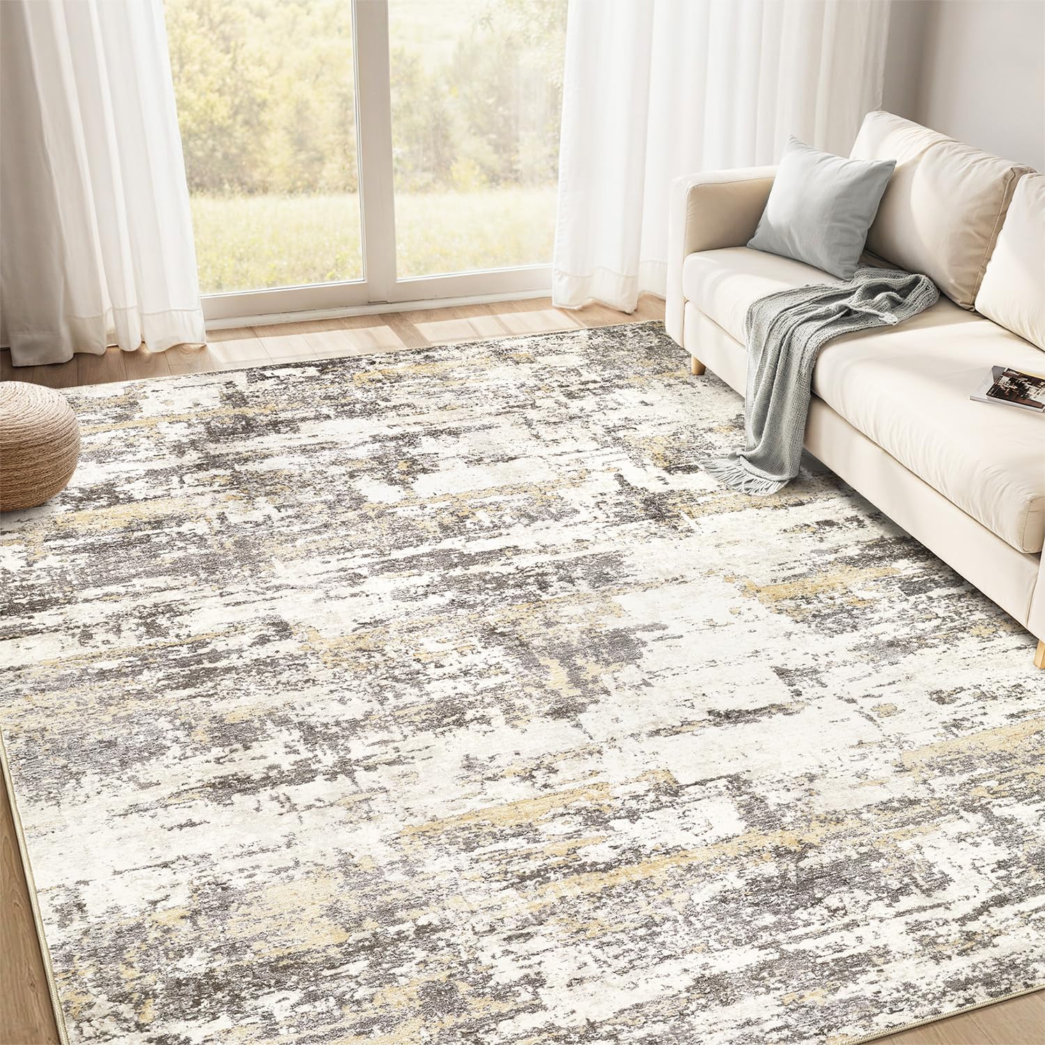 Area Rug Living Room Rugs 5x7: Modern Neutral Abstract Aesthetic Rug for Bedroom Dining Room Table - Large Soft Stain Resistant Machine Washable Rug, Indoor Home Office Carpet - Gold Brown