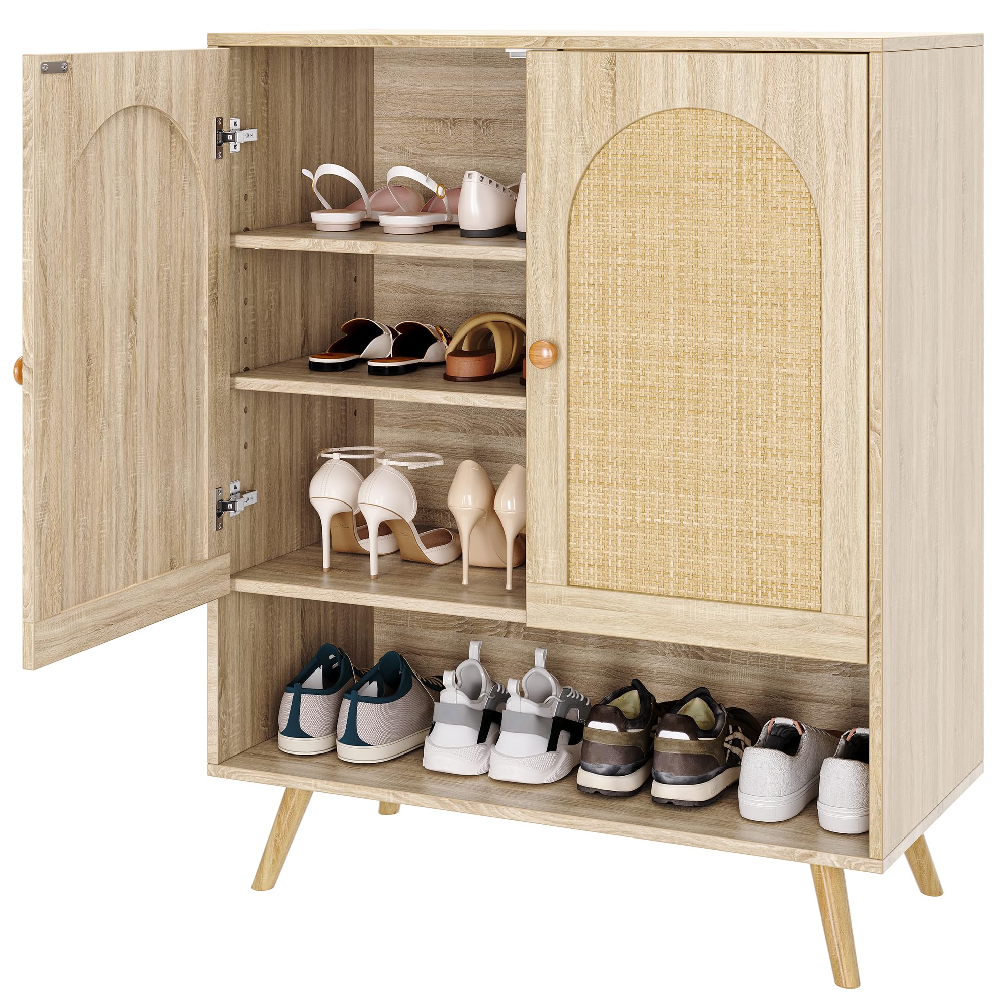 IDEALHOUSE Rattan Shoe Cabinet with Doors, 4-Tier Shoe Storage Cabinet for Entryway, Shoe Rack Organizer Cabinet with Woven Rattan Doors and Adjustable Shelves for Entryway, Hallway, Living Room