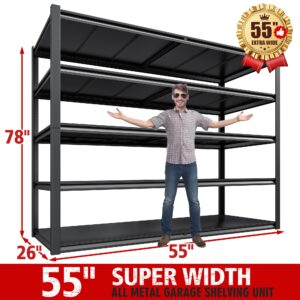 REIBII 78" H Garage Shelving, 55" W Storage Shelves 3000LBS Heavy Duty Shelving 5 Tier Adjustable Metal Shelving Unit for Storage Rack Garage Shelves Industrial Storage Shelf 55" W x 26" D x 78" H