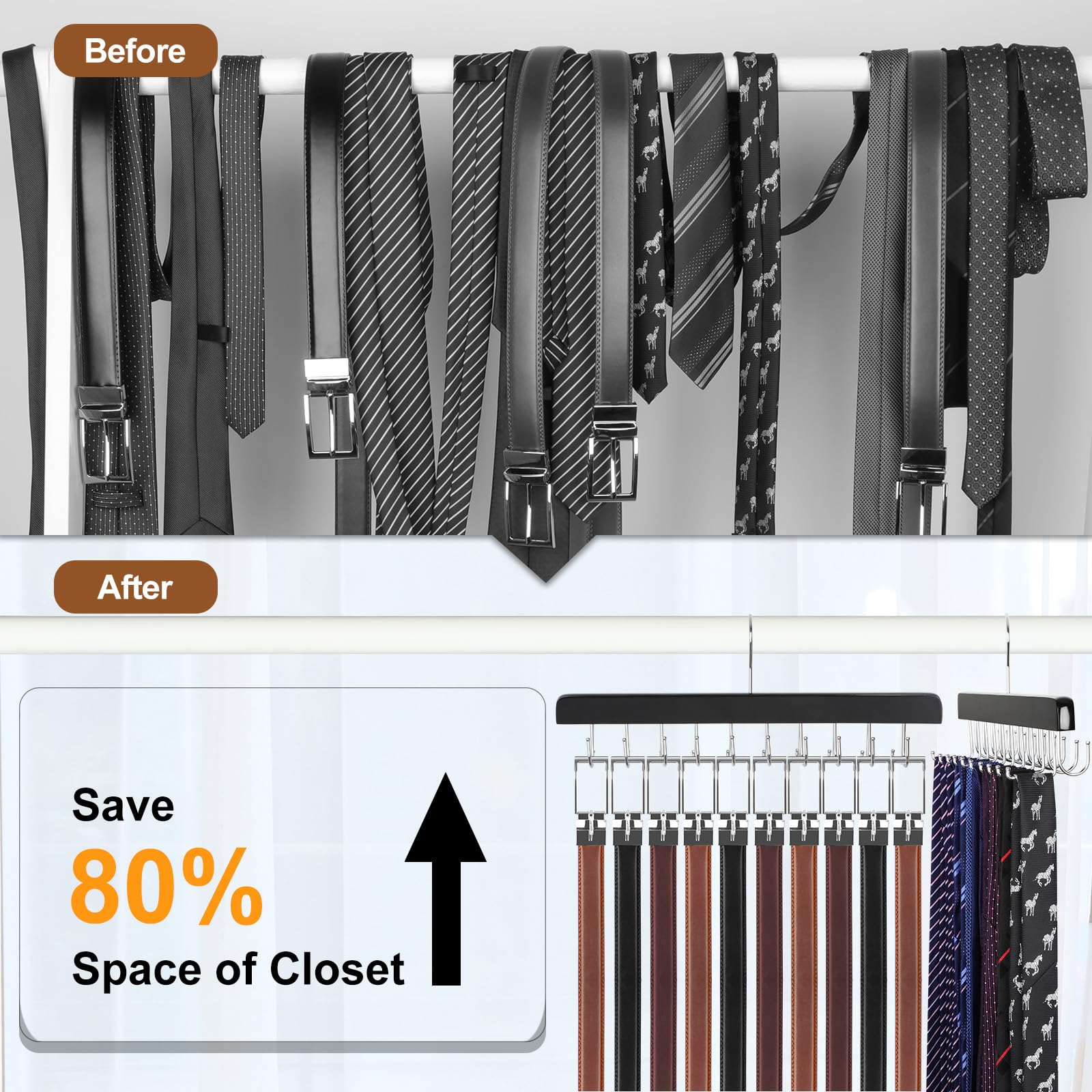 TOPIA HANGER 2 in 1 Belt Tie Hanger for Closet Max 30 Belts with 30 Ties Capacity, 20 Hooks Belt Tie Racks Wooden Hanger for Closet Organizer Storage “U” Fit for Belt and “一” Fit for Tie - CT47B