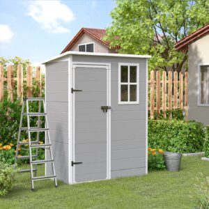 UDPATIO Outdoor Resin Storage Shed 5x3 FT, Plastic Garden Shed for Bike, Garbage Can, Tool, Outside Sheds & Outdoor Storage Storage Box with Lockable Door for Backyard, Patio, Lawn, Grey & White