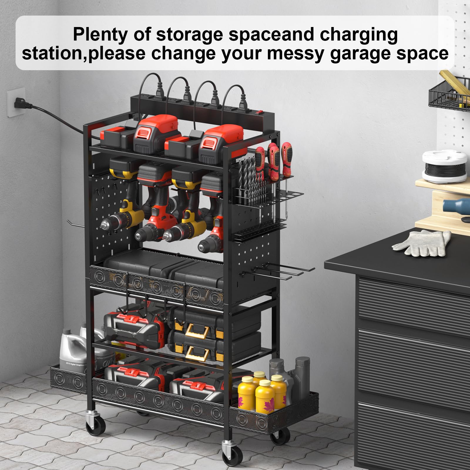 CCCEI Garage Power Tools Organizer Cart with Charging Station, Black Floor Standing Rolling Drill and Tools Battery Storage Cart on Wheels. Utility Rack Gift for Men, Husband, Father.