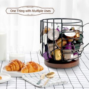 CAMATET Coffee Pod Holders, Black Wire Storage Basket with Wooden Base for Storing K Cups, Espresso Capsules, Coffee Creamer, Keurig Kcup Pods Organizer, Coffee Bar Accessories (With Handles)