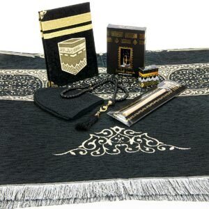 ihvan online Prayer Gift Set for Men & Women, Muslim Prayer Rug, Prayer Mat, Beads Taasbih, Velvet Covered Yaseen, Muslim Kufi Hat, Miswak, Islamic Gift Set for Ramadan & Eid, Black