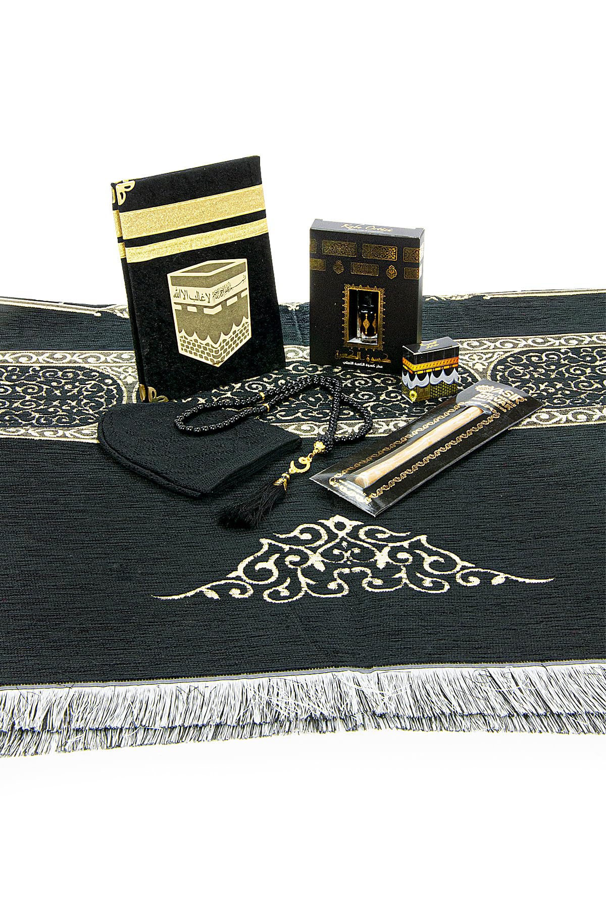 ihvan online Prayer Gift Set for Men & Women, Muslim Prayer Rug, Prayer Mat, Beads Taasbih, Velvet Covered Yaseen, Muslim Kufi Hat, Miswak, Islamic Gift Set for Ramadan & Eid, Black