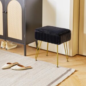 IBUYKE Stool Chair with Storage Space, Footrest Footstool Ottoman, Small Side Table, with 4 Metal Legs, with Anti-Slip Feet, for Makeup Room, Bedroom, Black, Faux Fur LG-50B