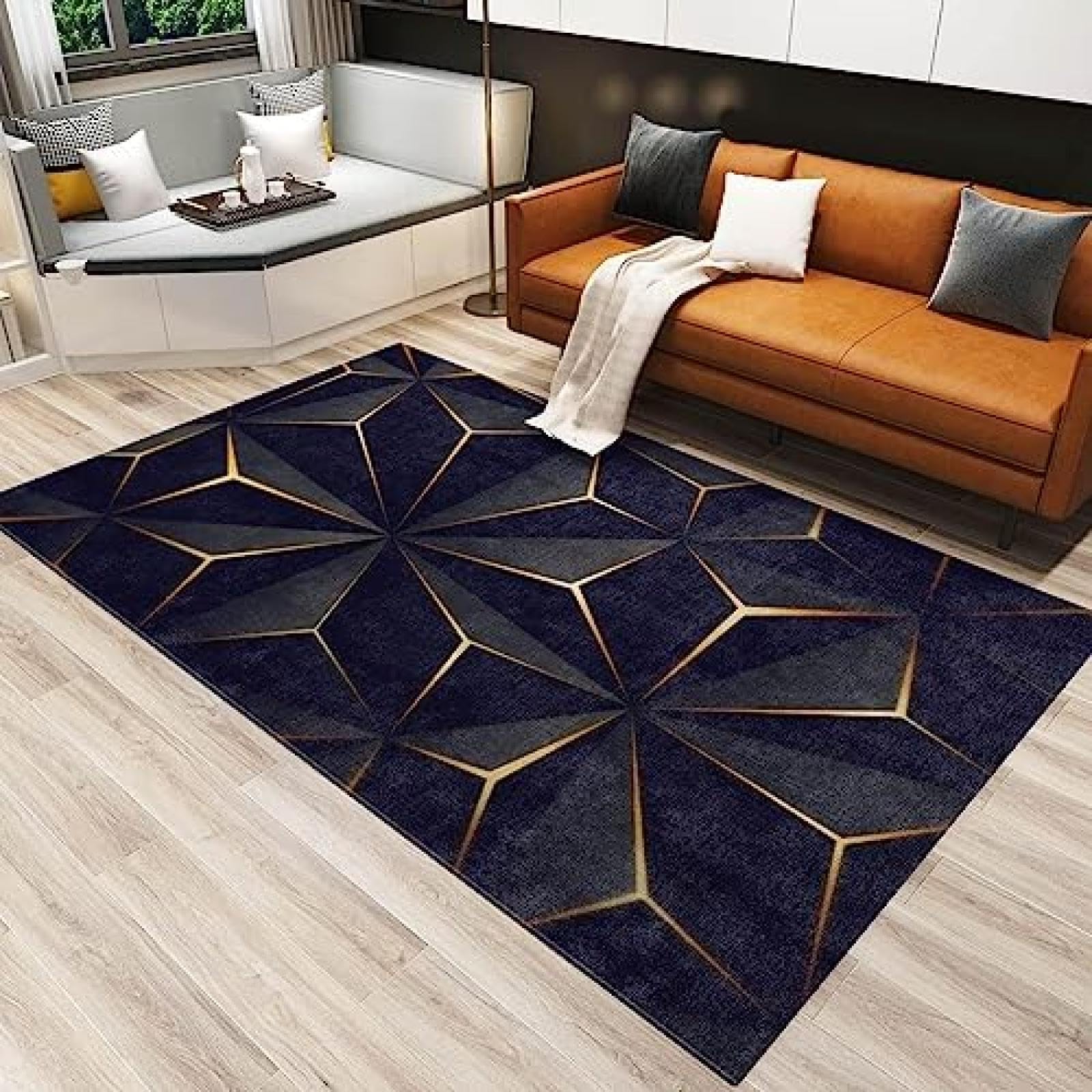 Modern 3D Stereoscopic Geometry Rug for Living Room, Nordic Luxury Black Gold Decor Area Rug, Ultra Soft Non Slip Easy Clean Washable Rug for Bedroom Entryway Hallway Gaming Room 5.3x6.6ft