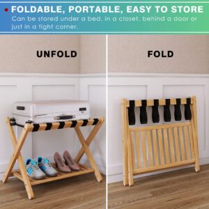 SMIBUY Luggage Rack, Set of 2, Foldable Bamboo Suitcase Stand with Storage Shelf for Guest Room, Bedroom, Hotel, Heavy-Duty (Natural)