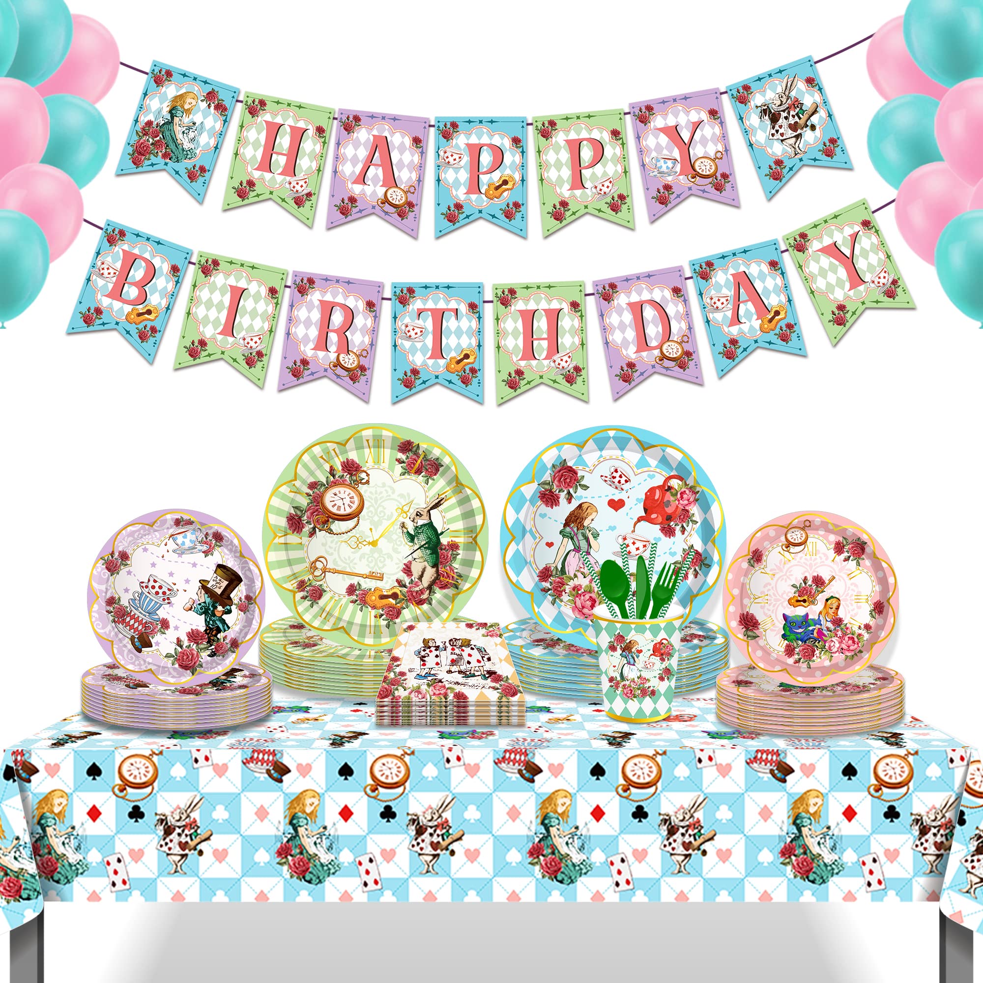 Adirasenotek 3Pcs Wonderland Party Tablecloths,Tea Praty 87" Lx51 W Rectangular Plastic Table Covers,Kids' Party Disposable Tablecloths for Decoration,Birthday Party,Baby Showers